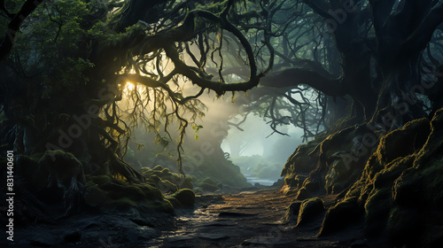 a dark and misty forest with large trees  green moss  and a stream running through the middle