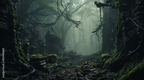 a dark and misty forest with large trees, green moss, and a stream running through the middle