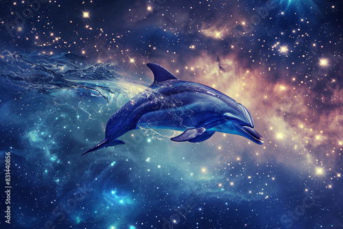 A blue dolphin is flying through the sky above a galaxy