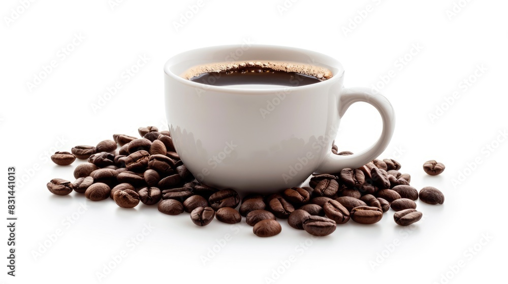 Coffee Cup and Beans on White. Hot Drink Concept with Isolated Cup and Roasted Beans on White Background Coffee Cup and Beans on White. Hot Drink Concept with Isolated Cup and Roasted Beans on White Background