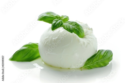 Mozzarella Fresh. Isolated White Cheese Plate with Basil Leaf on Background