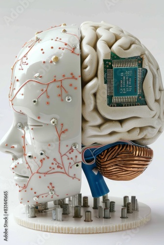 Model of a brain with electronic components, depicting the fusion of human intelligence and artificial technology in neuroscience, Gernerative AI photo