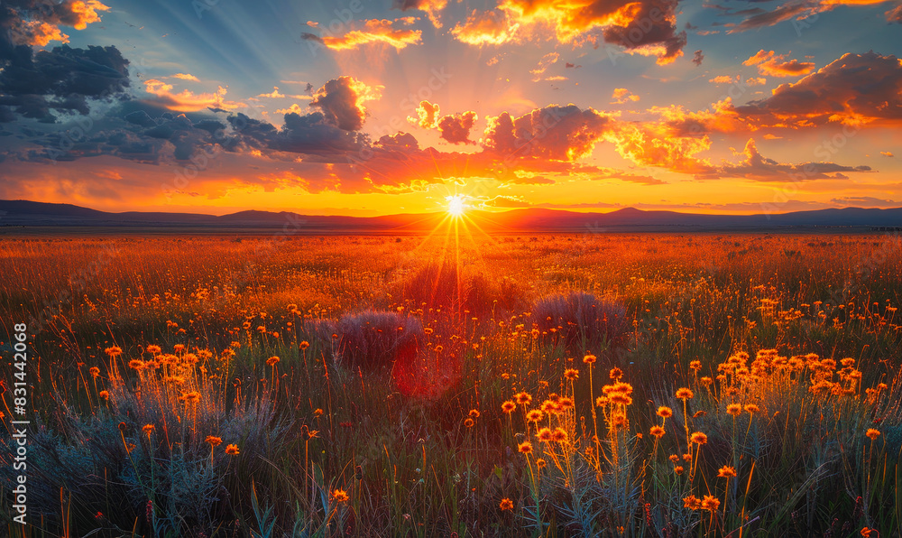 Fototapeta premium Stunning Sunset Over Santa Fe Field with Brilliant Sky and Wildflowers in New Mexico Evening Landscape