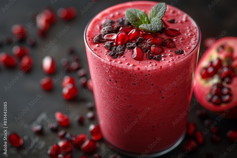 Pomegranate Smoothie - Red with pomegranate seeds and a sprig of mint. Pomegranate Smoothie - Red with pomegranate seeds and a sprig of mint.