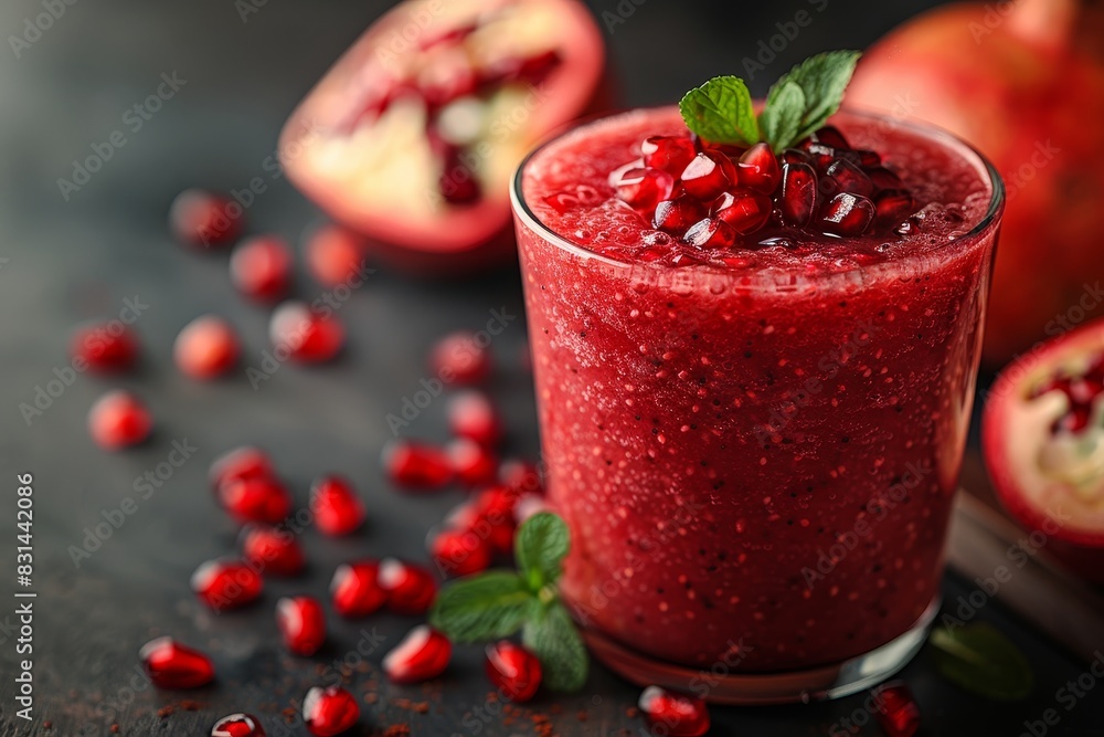 Pomegranate Smoothie - Red with pomegranate seeds and a sprig of mint. Pomegranate Smoothie - Red with pomegranate seeds and a sprig of mint.