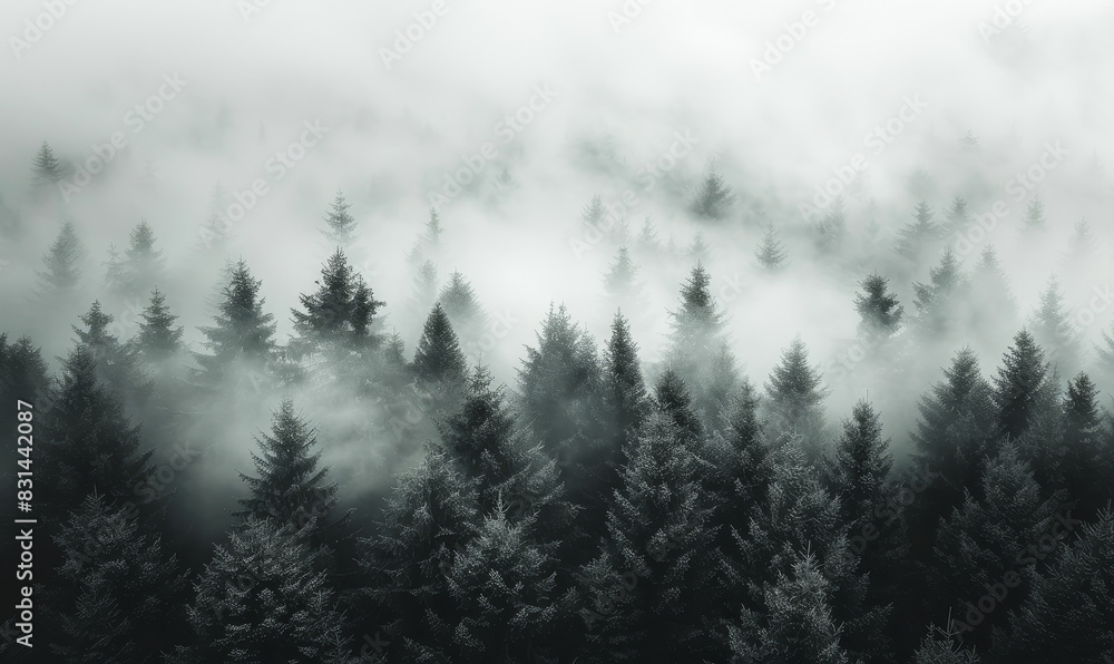 Misty Pine Forest in Dense Fog with Cloudy Sky Black and White - Atmospheric Nature Background Misty Pine Forest in Dense Fog with Cloudy Sky Black and White - Atmospheric Nature Background