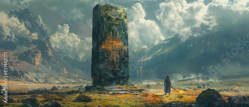 Amidst the ruins of a once-great civilization, a lone explorer uncovers a relic of untold power, its surface etched with ancient runes and symbols. photo