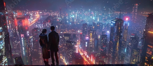 Amidst the sprawling expanse of a futuristic city, a pair of lovers share a tender embrace on a rooftop overlooking the glittering skyline below. © 2D_Jungle