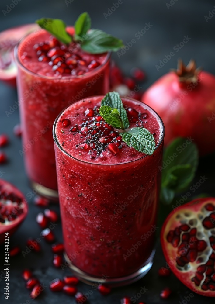 Pomegranate Smoothie - Red with pomegranate seeds and a sprig of mint. Pomegranate Smoothie - Red with pomegranate seeds and a sprig of mint.