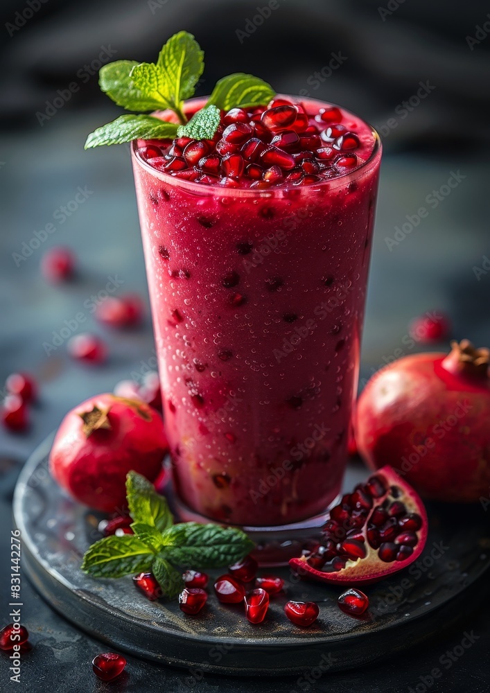 Pomegranate Smoothie - Red with pomegranate seeds and a sprig of mint. Pomegranate Smoothie - Red with pomegranate seeds and a sprig of mint.