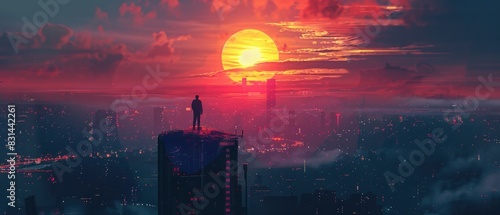 As the sun sets behind the towering cityscape, a lone figure stands atop a skyscraper, gazing out at the neon-lit metropolis below. photo