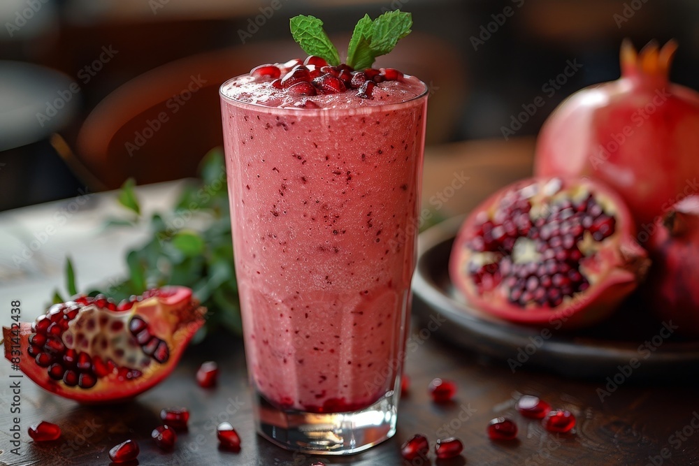 Pomegranate Smoothie - Red with pomegranate seeds and a sprig of mint. Pomegranate Smoothie - Red with pomegranate seeds and a sprig of mint.