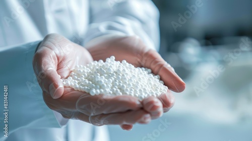 Material Plastic. Engineer holding Pet Polymer Bead for Chemical Design in Laboratory