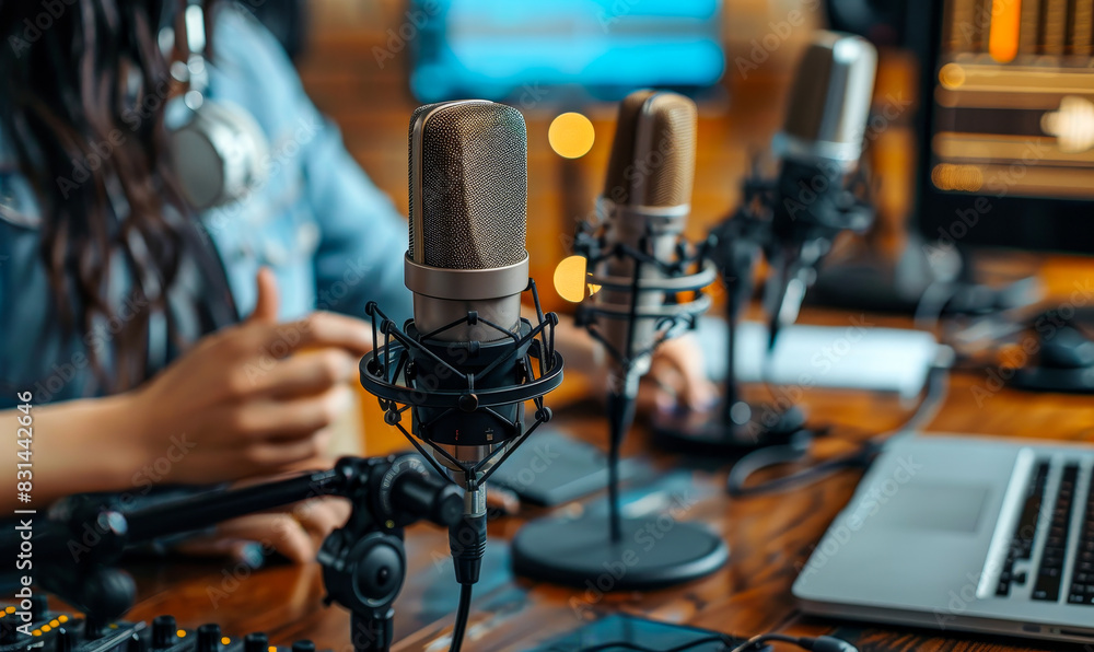 Cropped view of two radio hosts recording podcast in a broadcasting studio with professional microphones and audio equipment Cropped view of two radio hosts recording podcast in a broadcasting studio with professional microphones and audio equipment