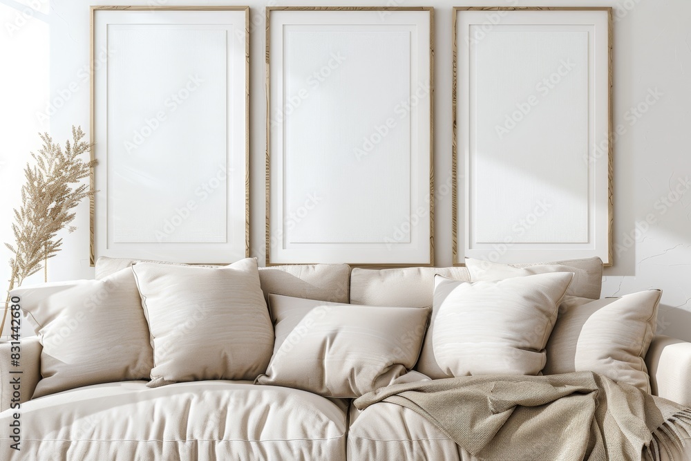 wall art mockup, three vertical blank frame on the wall above beige sofa with white pillows and blanket, simple neutral home decor, empty space for artwork wall art mockup, three vertical blank frame on the wall above beige sofa with white pillows and blanket, simple neutral home decor, empty space for artwork