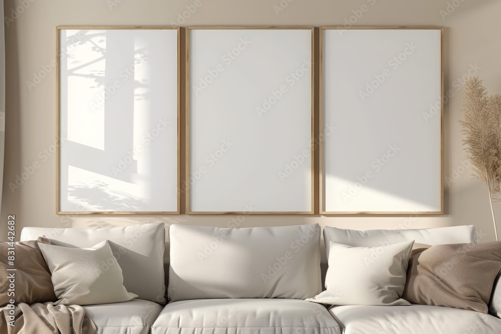 wall art mockup, three vertical blank frame on the wall above beige sofa with white pillows and blanket, simple neutral home decor, empty space for artwork wall art mockup, three vertical blank frame on the wall above beige sofa with white pillows and blanket, simple neutral home decor, empty space for artwork