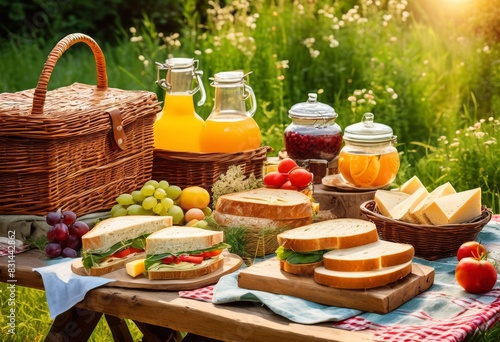 rustic picnic setting traditional sandwiches wooden table, atmospheric, alfresco, appetizing, artisanal, assortment, banquet, basket, blanket, bread photo