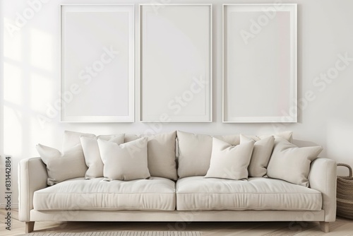 wall art mockup, three vertical blank frame on the wall above beige sofa with white pillows and blanket, simple neutral home decor, empty space for artwork
