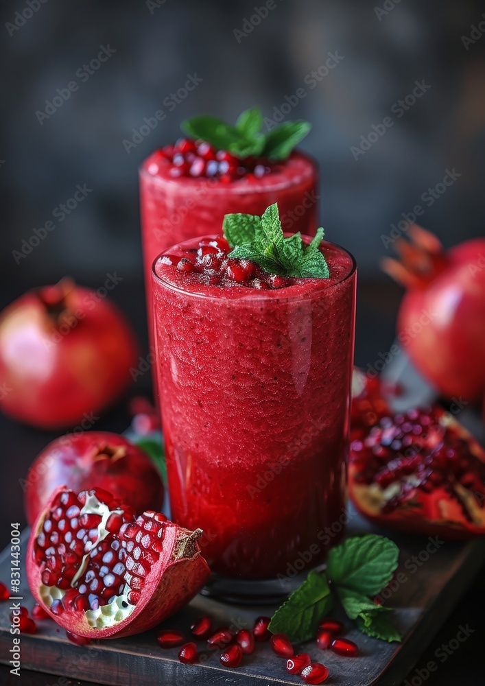 Pomegranate Smoothie - Red with pomegranate seeds and a sprig of mint. Pomegranate Smoothie - Red with pomegranate seeds and a sprig of mint.