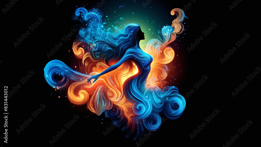 Obraz premium Enchanting Fusion of Blue and Orange Swirls in Female Silhouette - Vivid Abstract Art