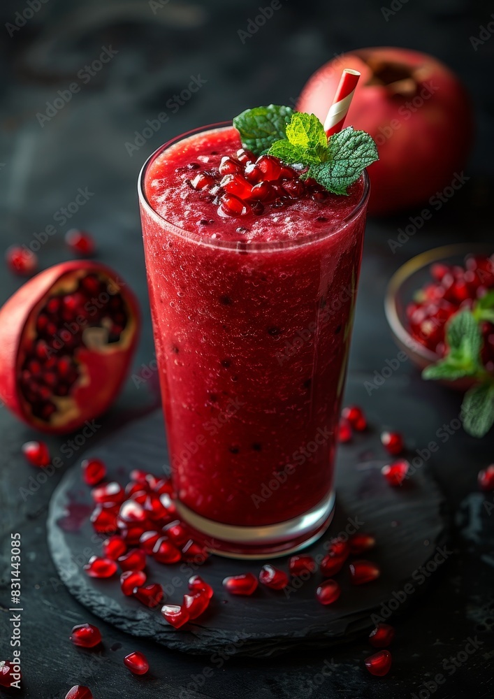 Pomegranate Smoothie - Red with pomegranate seeds and a sprig of mint. Pomegranate Smoothie - Red with pomegranate seeds and a sprig of mint.
