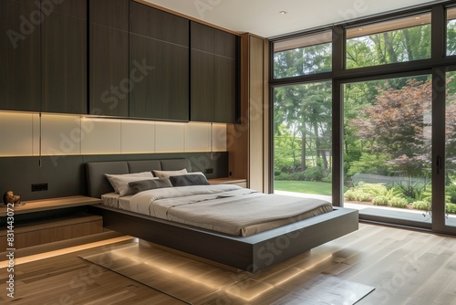 Contemporary minimalist bedroom interior with a floating bed  sleek cabinetry  and expansive windows overlooking a lush garden