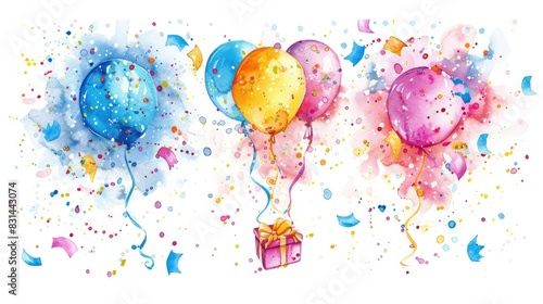 Confetti Graphics. Watercolor Illustration Collection with Colorful Balloons for Birthday and Party Celebrations photo