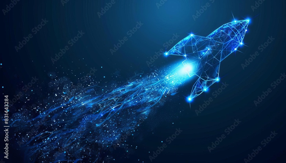 Futuristic digital illustration of a rocket, symbolizing technology, innovation, and advancement, soaring through the digital universe. Futuristic digital illustration of a rocket, symbolizing technology, innovation, and advancement, soaring through the digital universe.