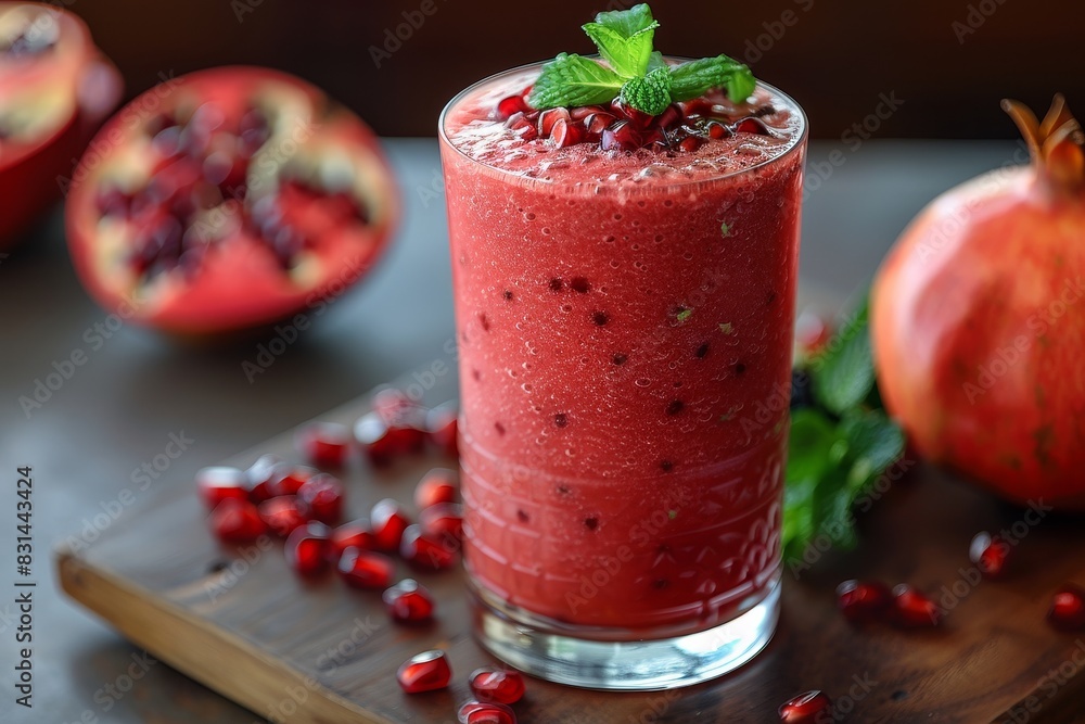Pomegranate Smoothie - Red with pomegranate seeds and a sprig of mint. Pomegranate Smoothie - Red with pomegranate seeds and a sprig of mint.