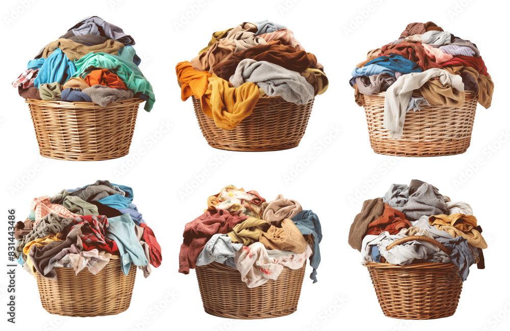 A basket of clothes is piled high with various colors and patterns Set of png elements. A basket of clothes is piled high with various colors and patterns Set of png elements.