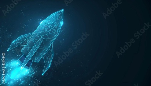 Futuristic digital wireframe rocket launching into space with blue glowing particles in a dark background, symbolizing innovation and technology.