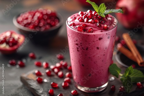 Pomegranate Smoothie - Red with pomegranate seeds and a sprig of mint. 