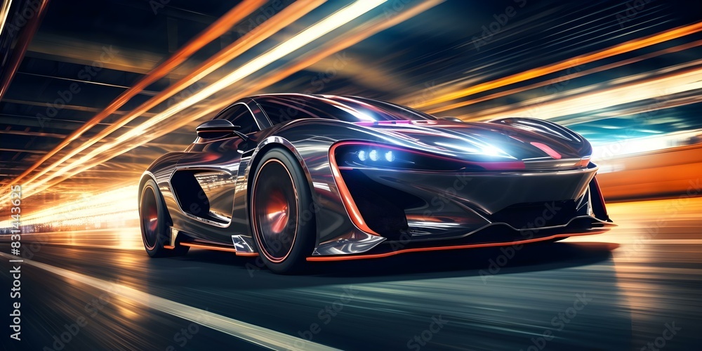 Neon sports car racing at high speeds on futuristic track with colorful lights. Concept Futuristic Racing, Neon Lights, High Speed, Sports Cars, Colorful Track