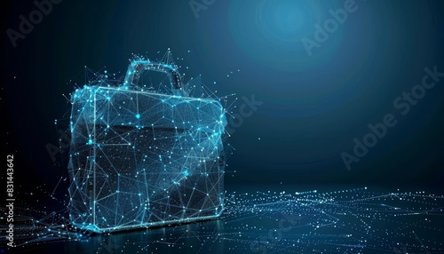 Abstract image of a digital suitcase made of connected blue lines and dots on a dark background, symbolizing digital transformation and technology.