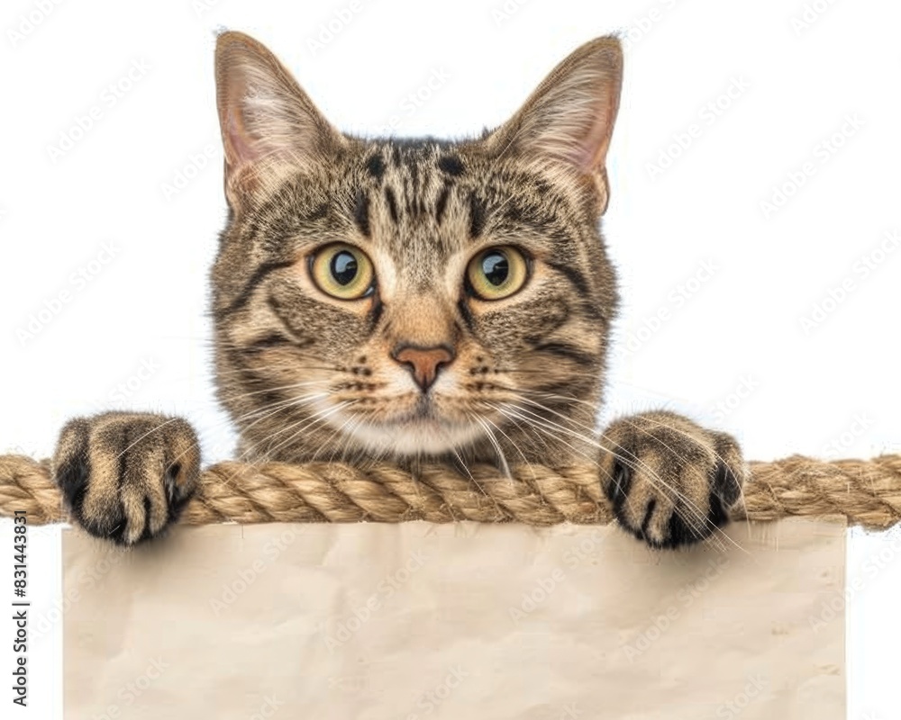 Cat With Sign: Blank Sign Hung Around Cat's Neck on White Background Cat With Sign: Blank Sign Hung Around Cat's Neck on White Background