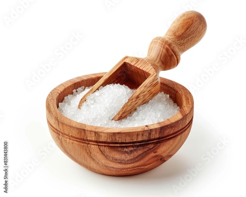 Bowl Sugar. White Background with Wooden Bowl and Scoop of Pure Crystal Carbohydrate