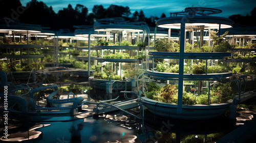  a futuristic hydroponic farm with several levels of plant growth.