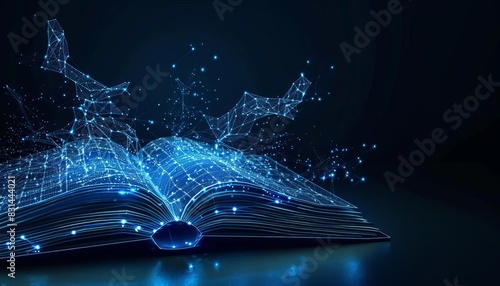 Futuristic digital book with glowing data particles emanating, representing knowledge and technology in a dark background