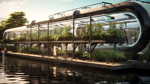  a futuristic floating greenhouse on a river. 