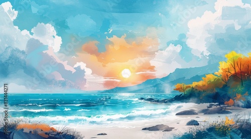 Summer time fun concept design. Creative background of landscape, panorama of sea and beach. Summer sale, post template Vector. white background, watercolor style. text Digital illustration © Алексей Василюк