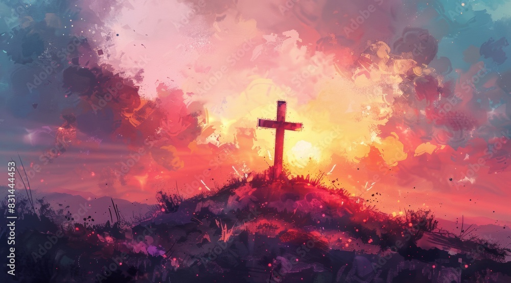 Sunset Hilltop Cross with Light Rays Illustration Vector watercolor style. text Digital corollary Sunset Hilltop Cross with Light Rays Illustration Vector watercolor style. text Digital corollary
