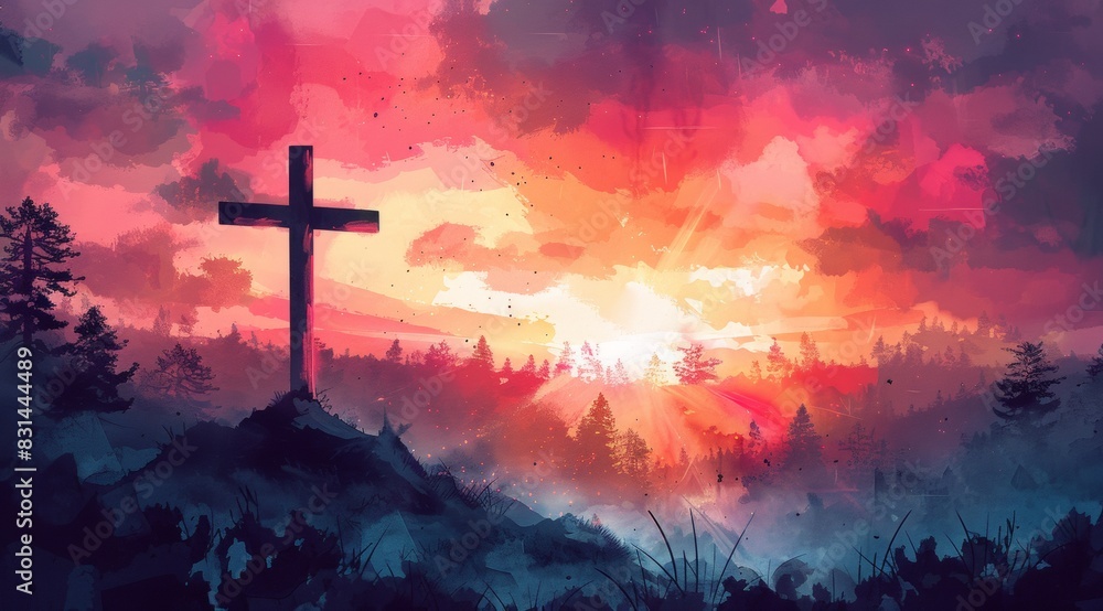 Sunset Hilltop Cross with Light Rays Illustration Vector watercolor style. text Digital corollary Sunset Hilltop Cross with Light Rays Illustration Vector watercolor style. text Digital corollary