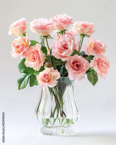 Glass Flower Vase. Isolated Bouquet of Blooming Roses in a Romantic Valentine Arrangement