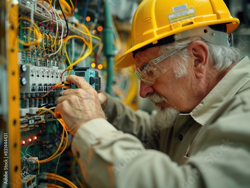 A man wearing a hard hat is working on an electrical panel