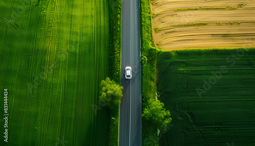 car drives along an asphalt road on one side there is a field of photo