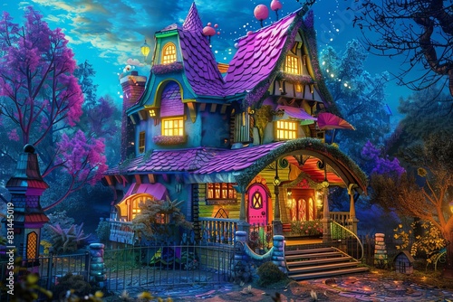 Vibrant illustration of a whimsical fantasy cottage in an enchanted forest setting during twilight