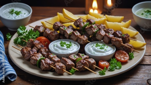 A plate of grilled meat skewers served with fresh lemon wedges, cherry tomatoes, parsley, and tzatziki dip, perfect for a summer meal. photo