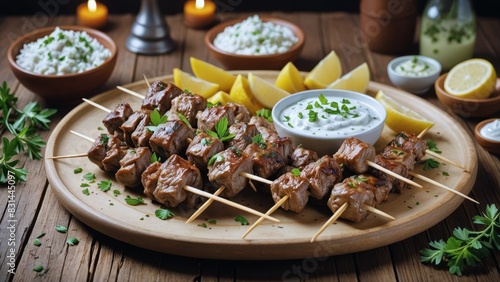 Delicious, grilled meat skewers served with a variety of dips and lemon wedges on a rustic wooden table. photo