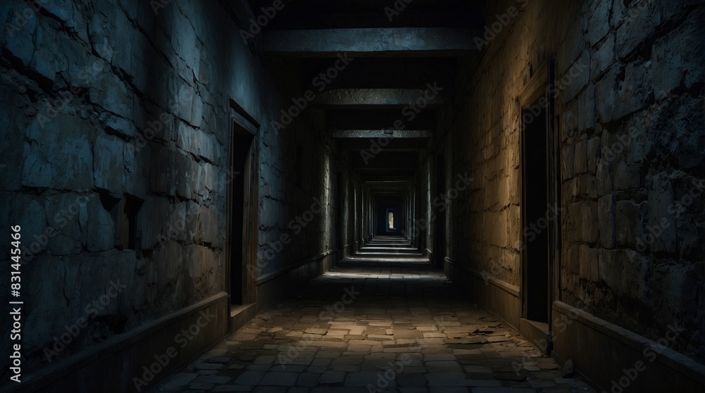 A hauntingly ominous corridor, every inch exuding a sense of dread and mystery: shadows dancing in the dim light A hauntingly ominous corridor, every inch exuding a sense of dread and mystery: shadows dancing in the dim light