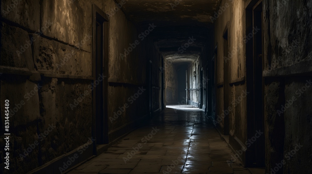 A hauntingly ominous corridor, every inch exuding a sense of dread and mystery: shadows dancing in the dim light A hauntingly ominous corridor, every inch exuding a sense of dread and mystery: shadows dancing in the dim light